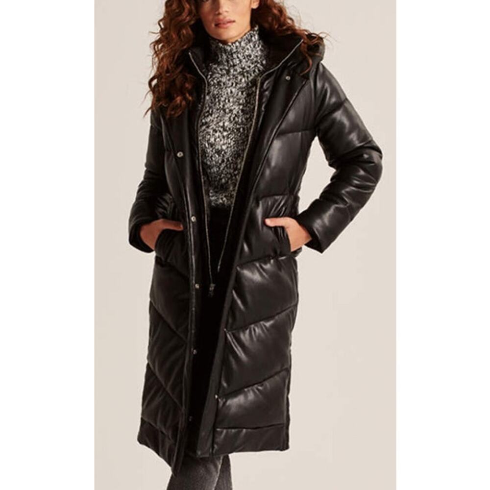 Abercrombie Vegan Leather Hooded Puffer Long Coat Size Small Black Quiet Luxury